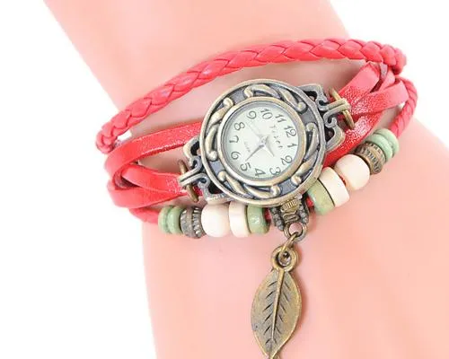 6 Pcs Retro Leaf Women Weave Wrap Leather Bracelet Wrist Watches