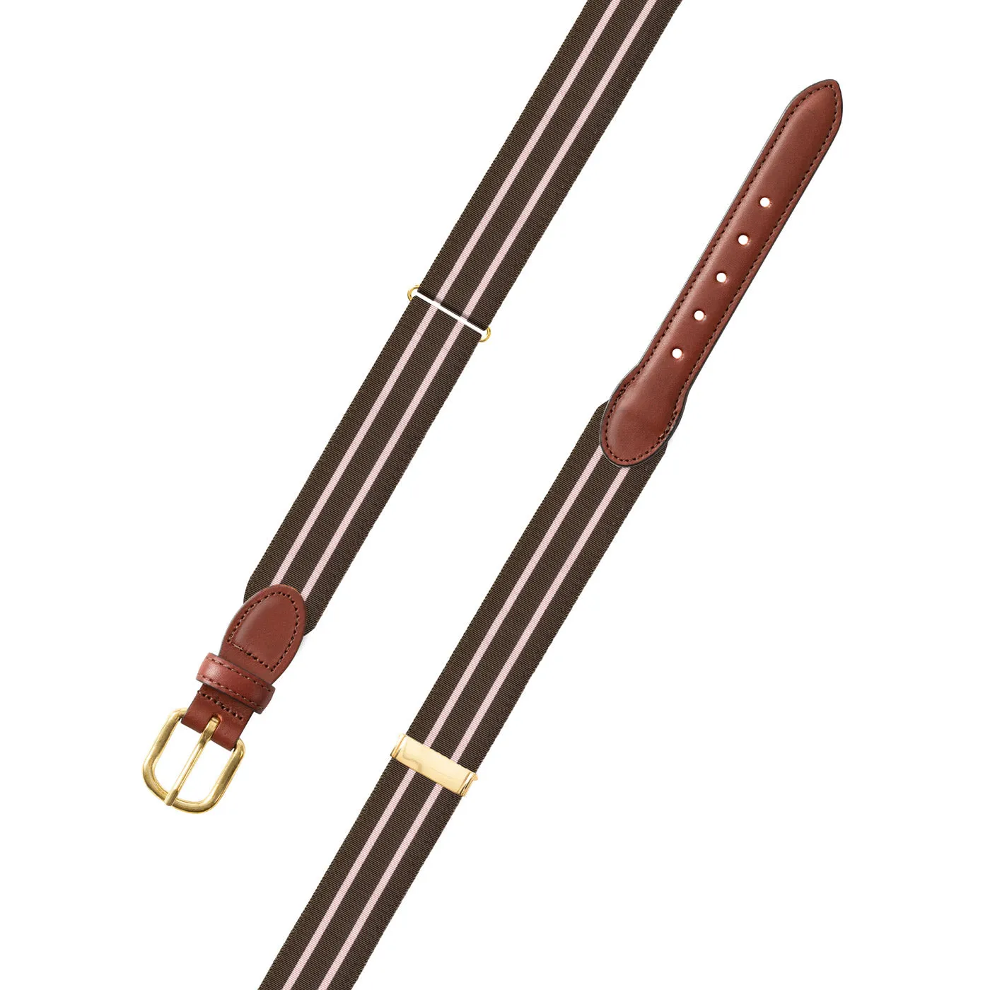 Adjustable Brown & Pale Pink Grosgrain Belt with Brown Leather Tabs