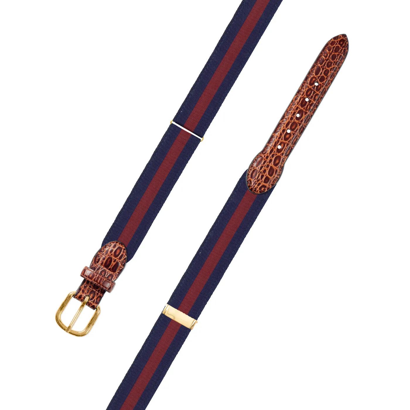 Adjustable Navy & Burgundy Grosgrain Belt with Embossed Calf Tabs