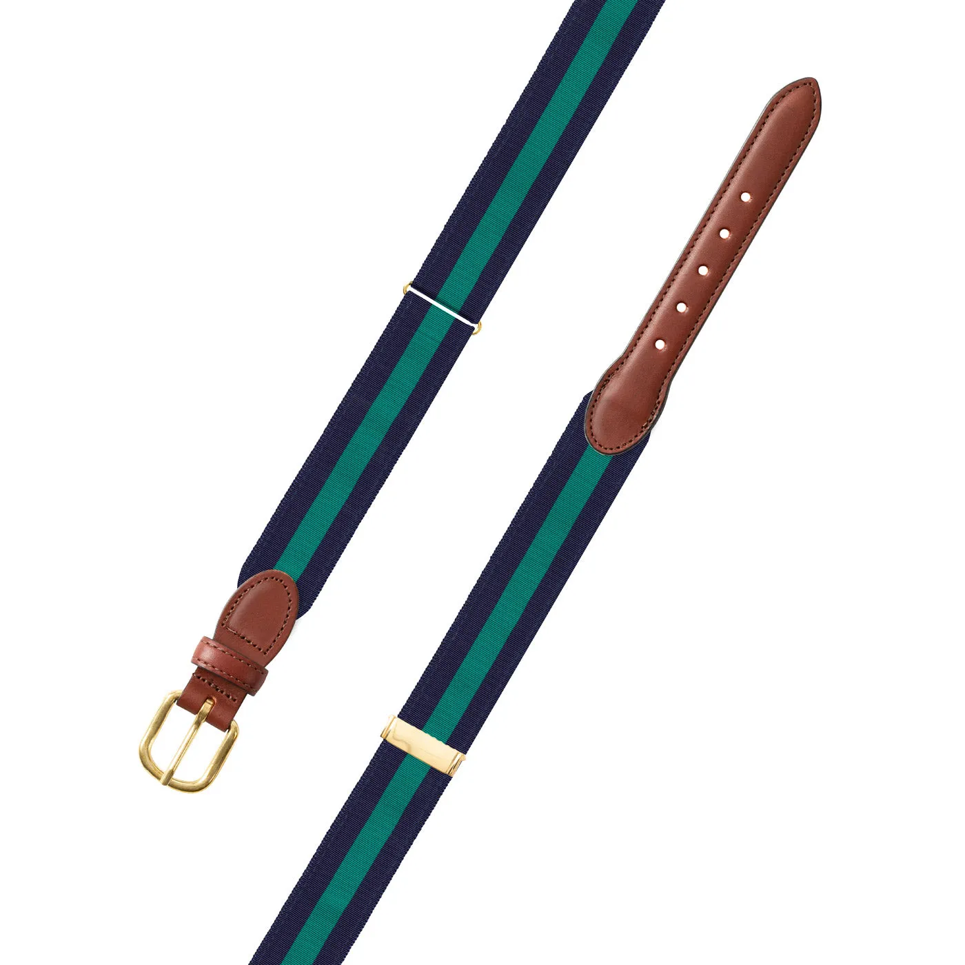 Adjustable Navy & Green Grosgrain Belt with Brown Leather Tabs