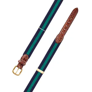 Adjustable Navy & Green Grosgrain Belt with Embossed Calf Tabs