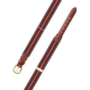 Adjustable Navy, Burgundy & Gold Grosgrain Belt with Brown Leather Tabs