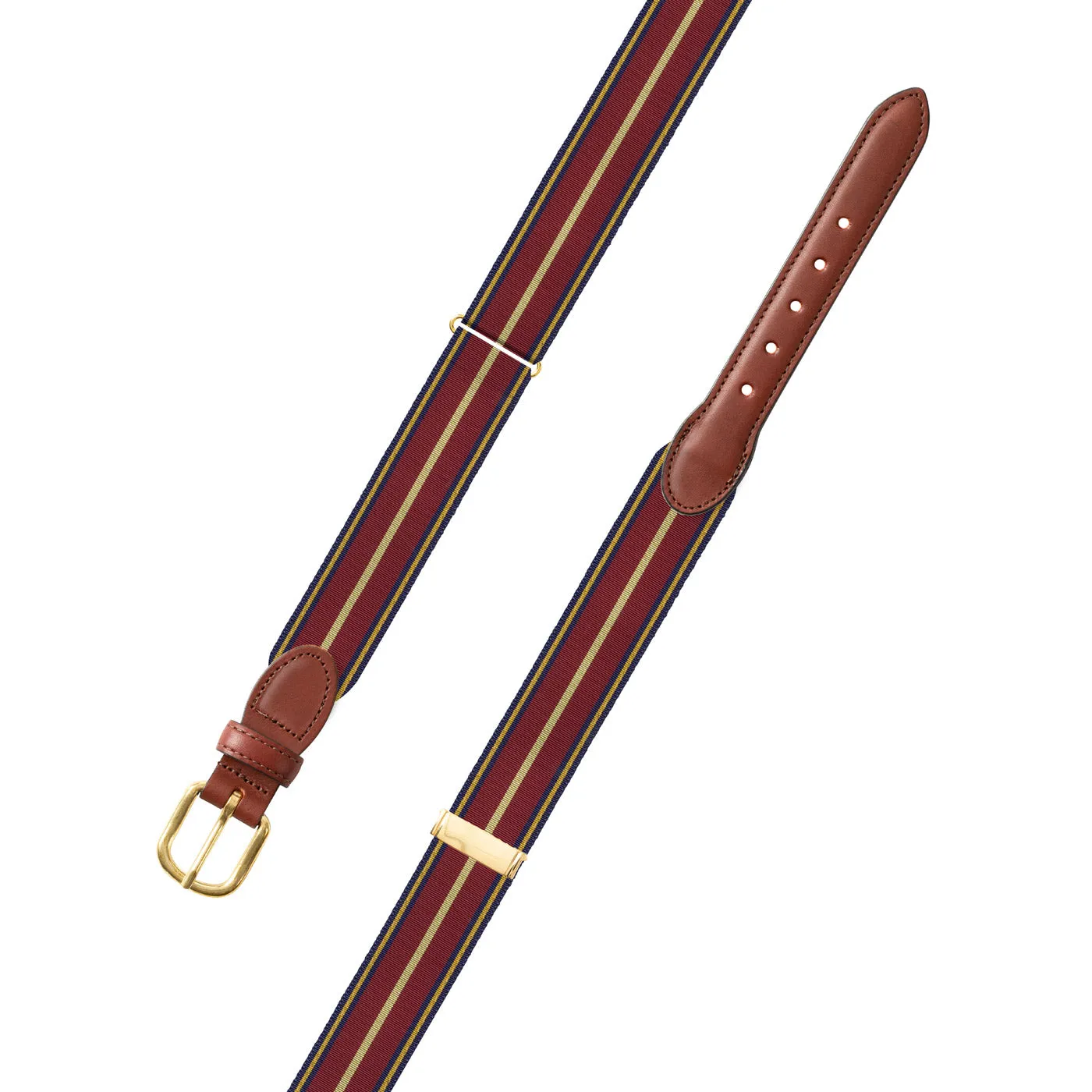 Adjustable Navy, Burgundy & Gold Grosgrain Belt with Brown Leather Tabs