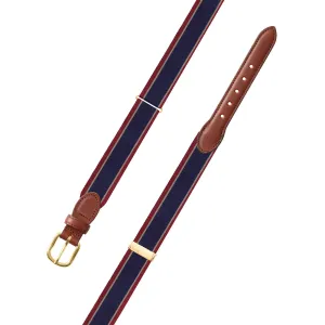 Adjustable Navy, Tan & Burgundy Grosgrain Belt with Brown Leather Tabs