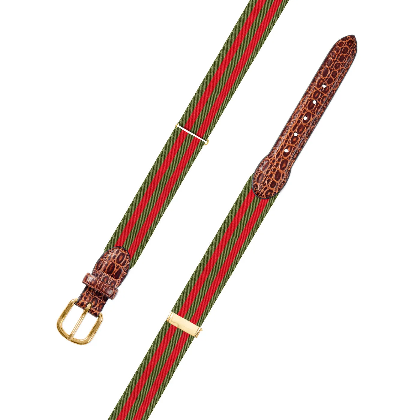 Adjustable Olive & Red Grosgrain Belt with Embossed Calf Tabs