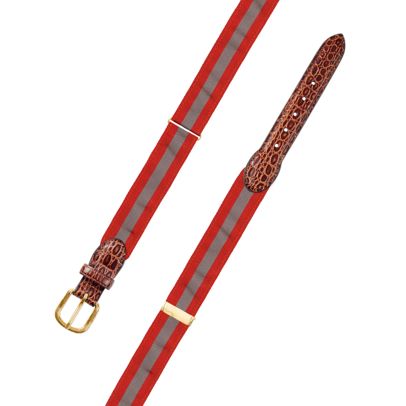 Adjustable Orange & Grey Grosgrain Belt with Embossed Calf Tabs