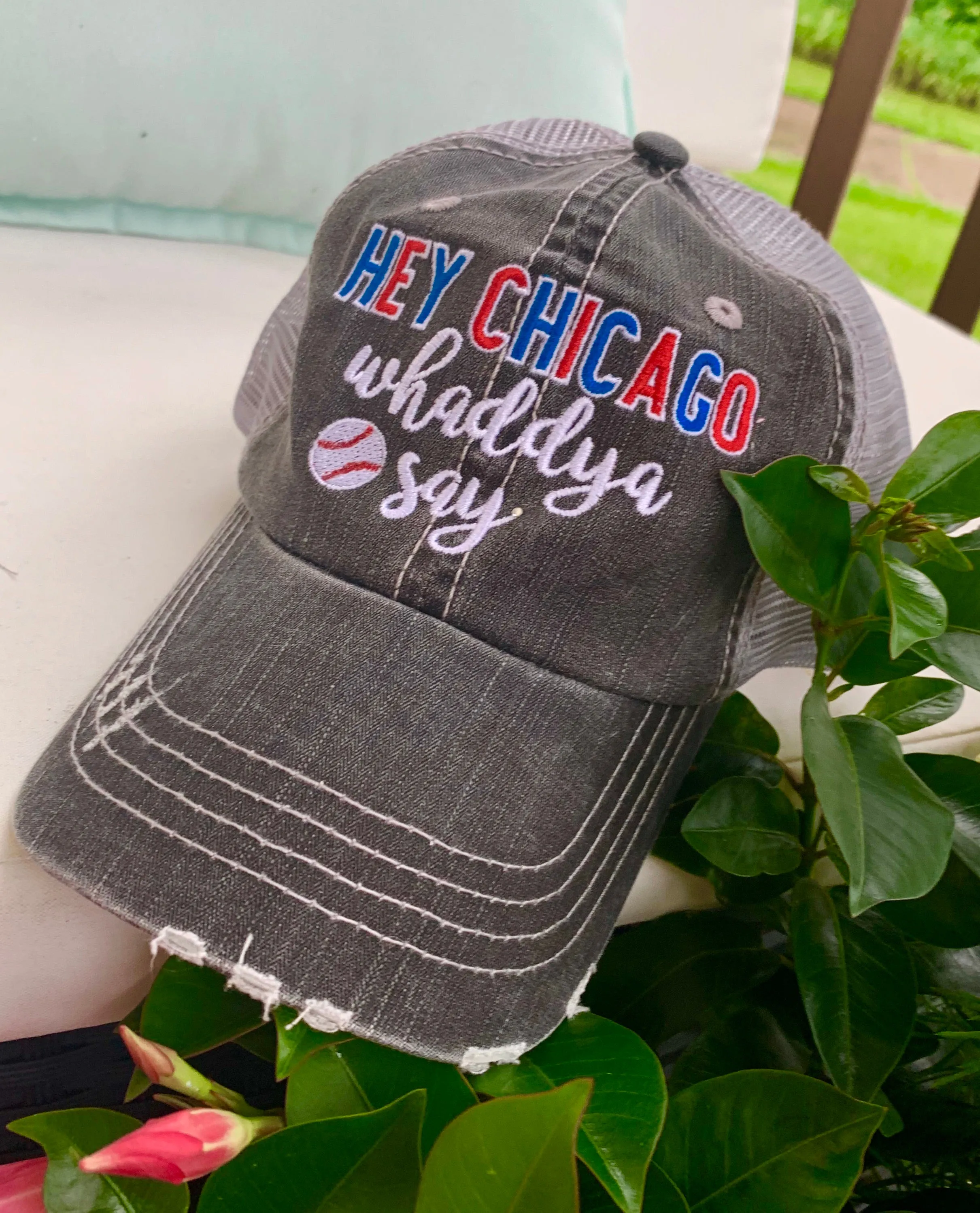 Baseball hats Chicago Cubs Hey Chicago whaddya say Embroidered distressed gray trucker cap Unisex