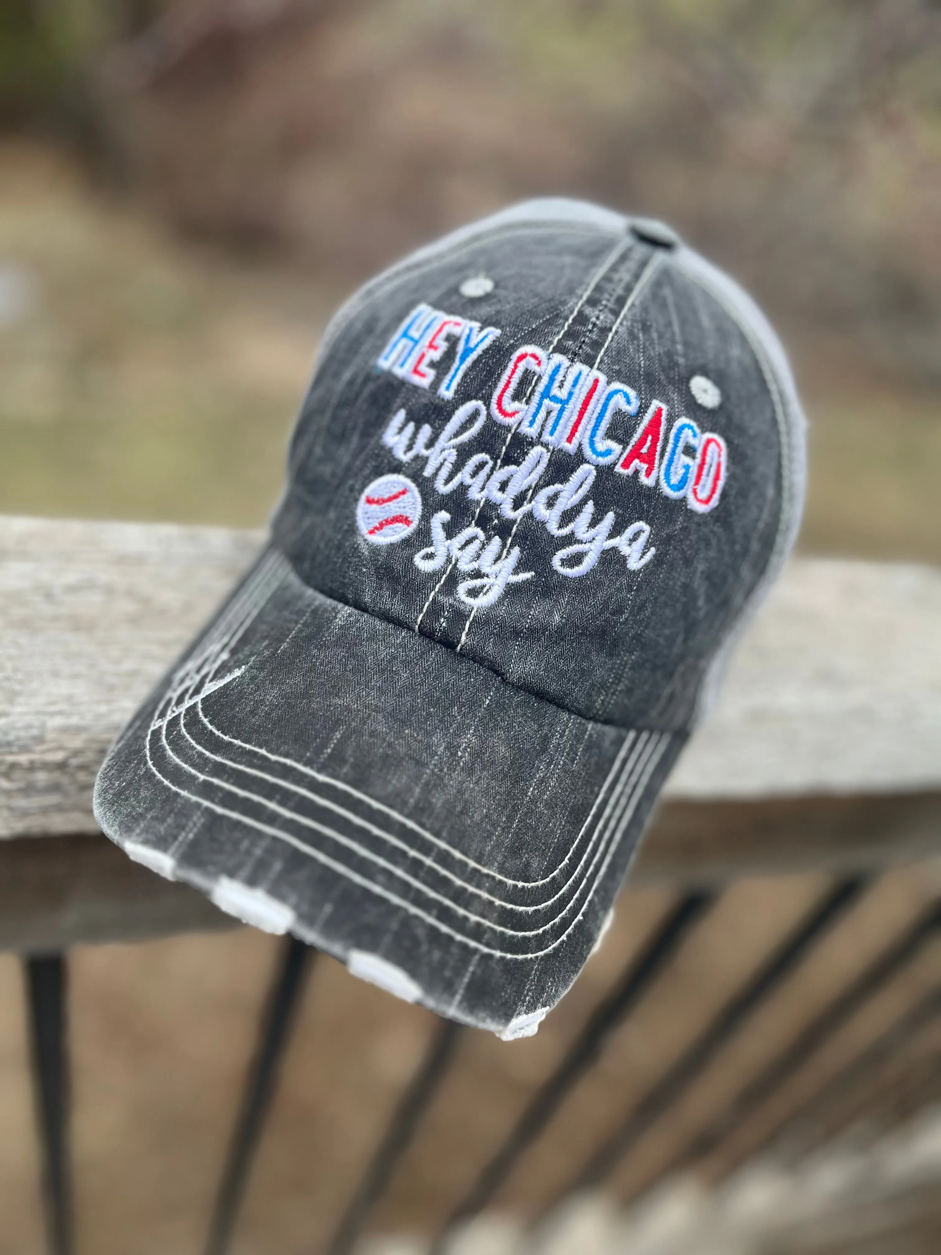 Baseball hats Chicago Cubs Hey Chicago whaddya say Embroidered distressed gray trucker cap Unisex