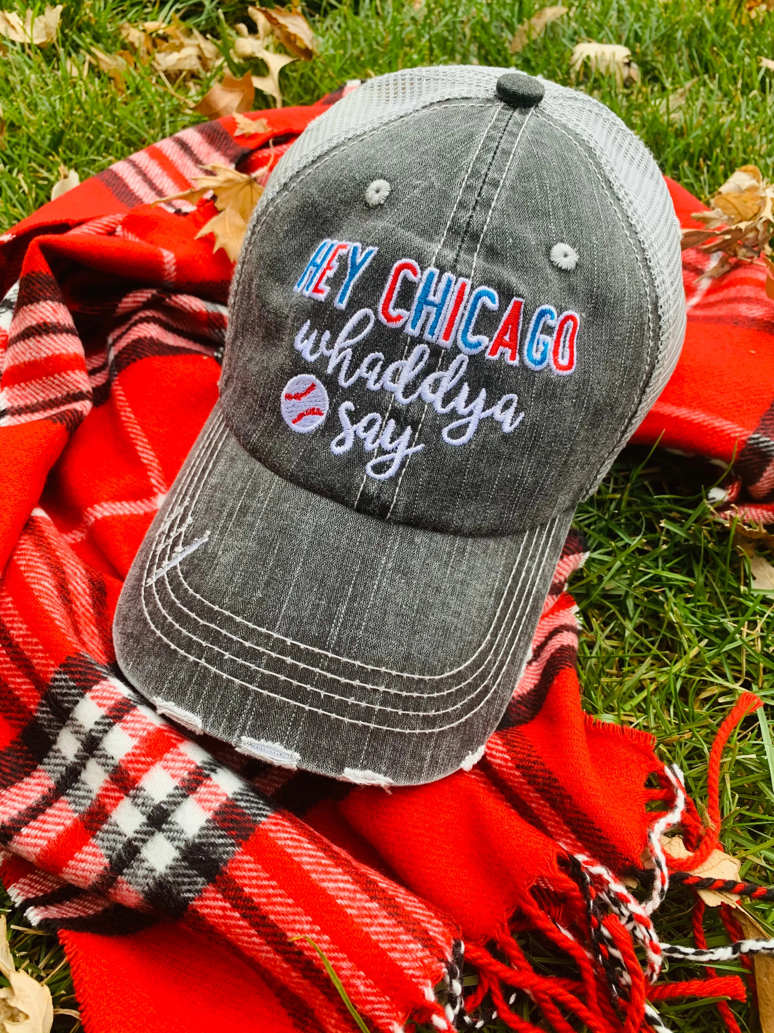 Baseball hats Chicago Cubs Hey Chicago whaddya say Embroidered distressed gray trucker cap Unisex