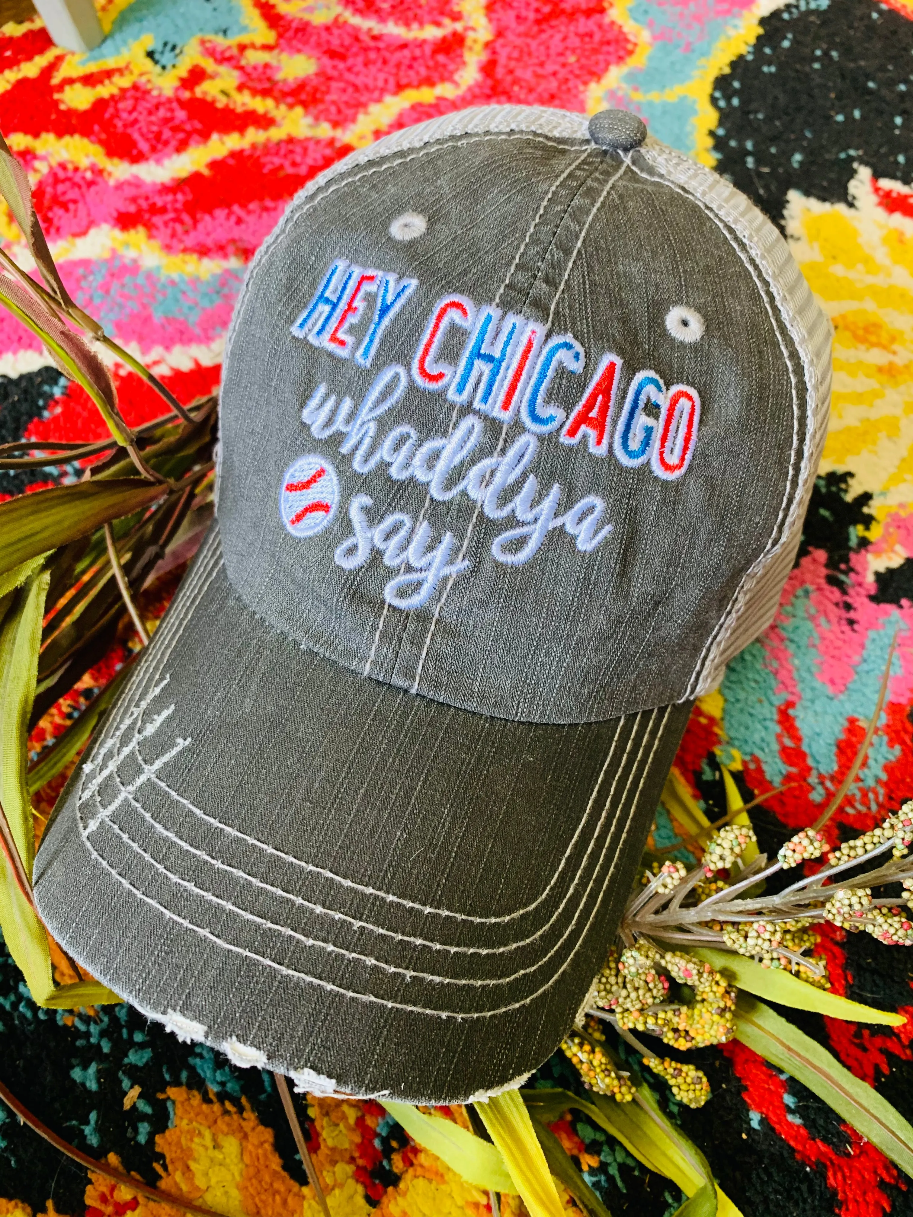 Baseball hats Chicago Cubs Hey Chicago whaddya say Embroidered distressed gray trucker cap Unisex