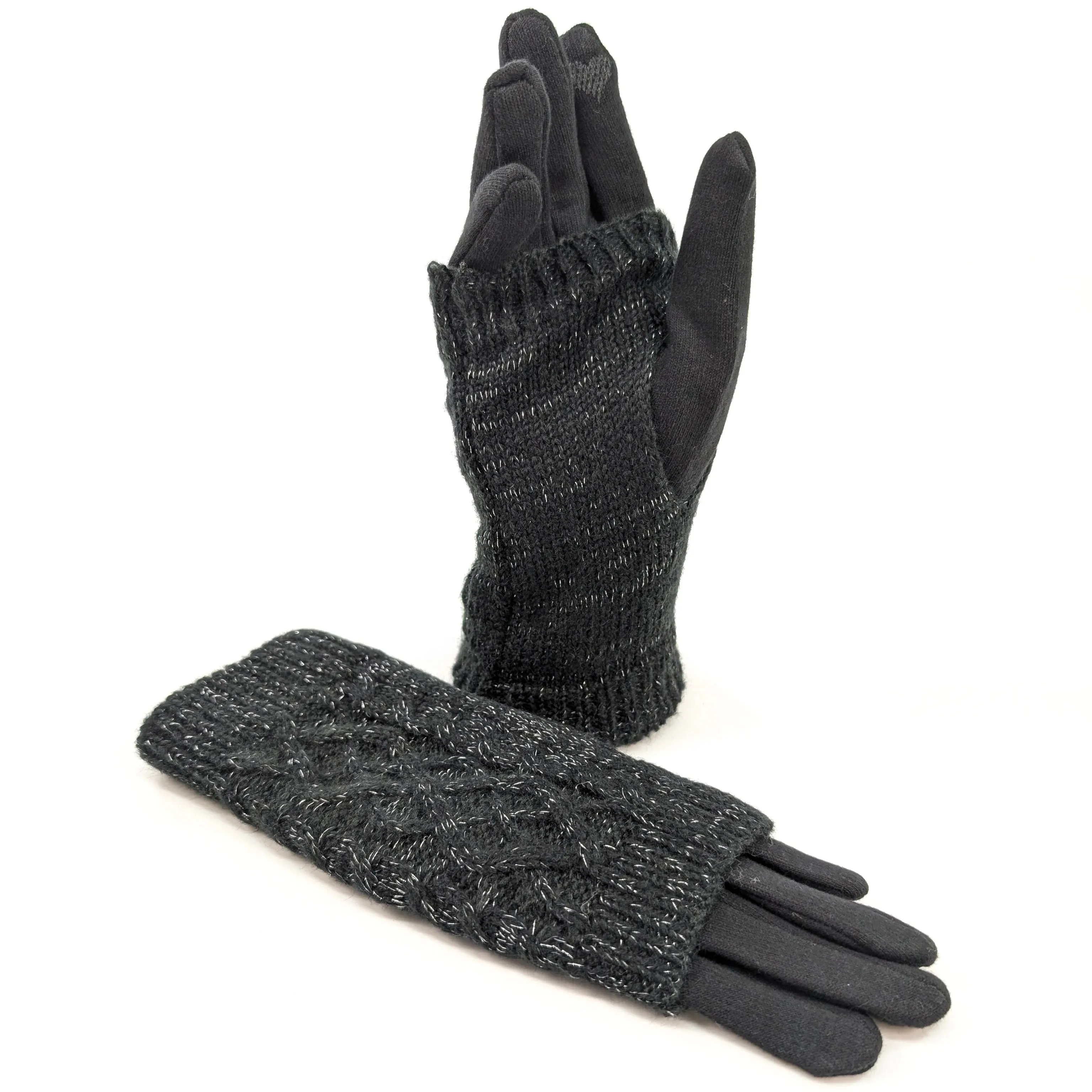 Black Ginger Black Cable Knit Two in One Sparkle Gloves - 800-595