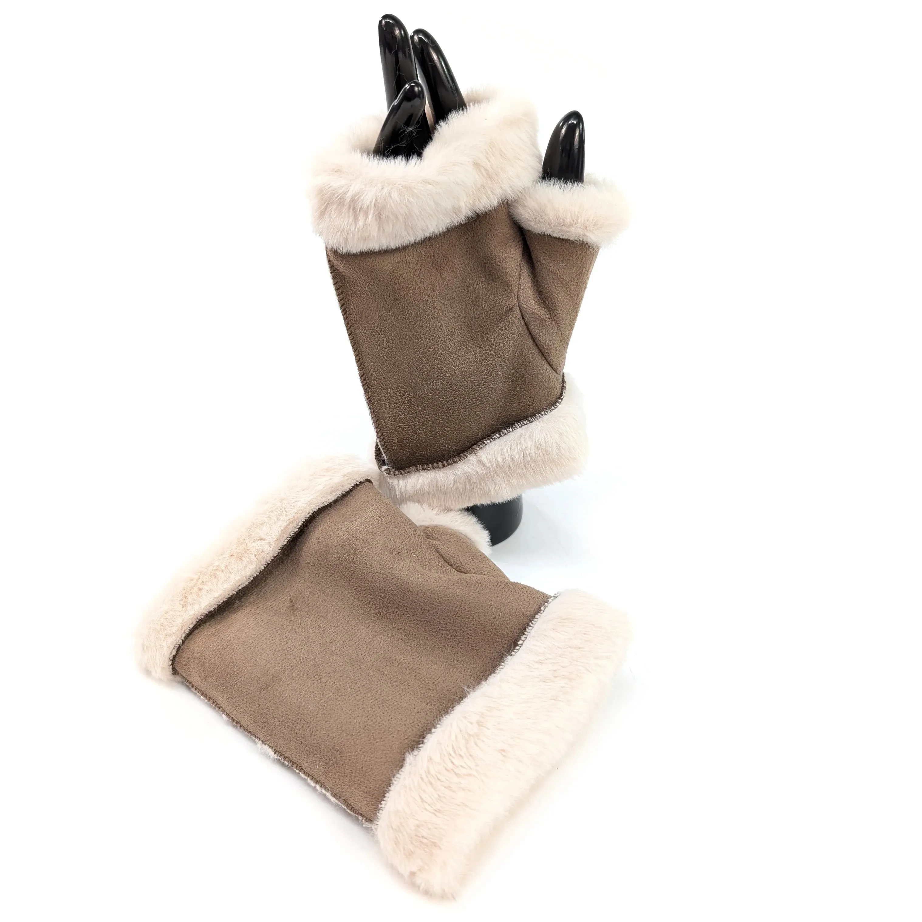 Black Ginger Camel Sheepskin Style Fingerless Gloves - 800-686