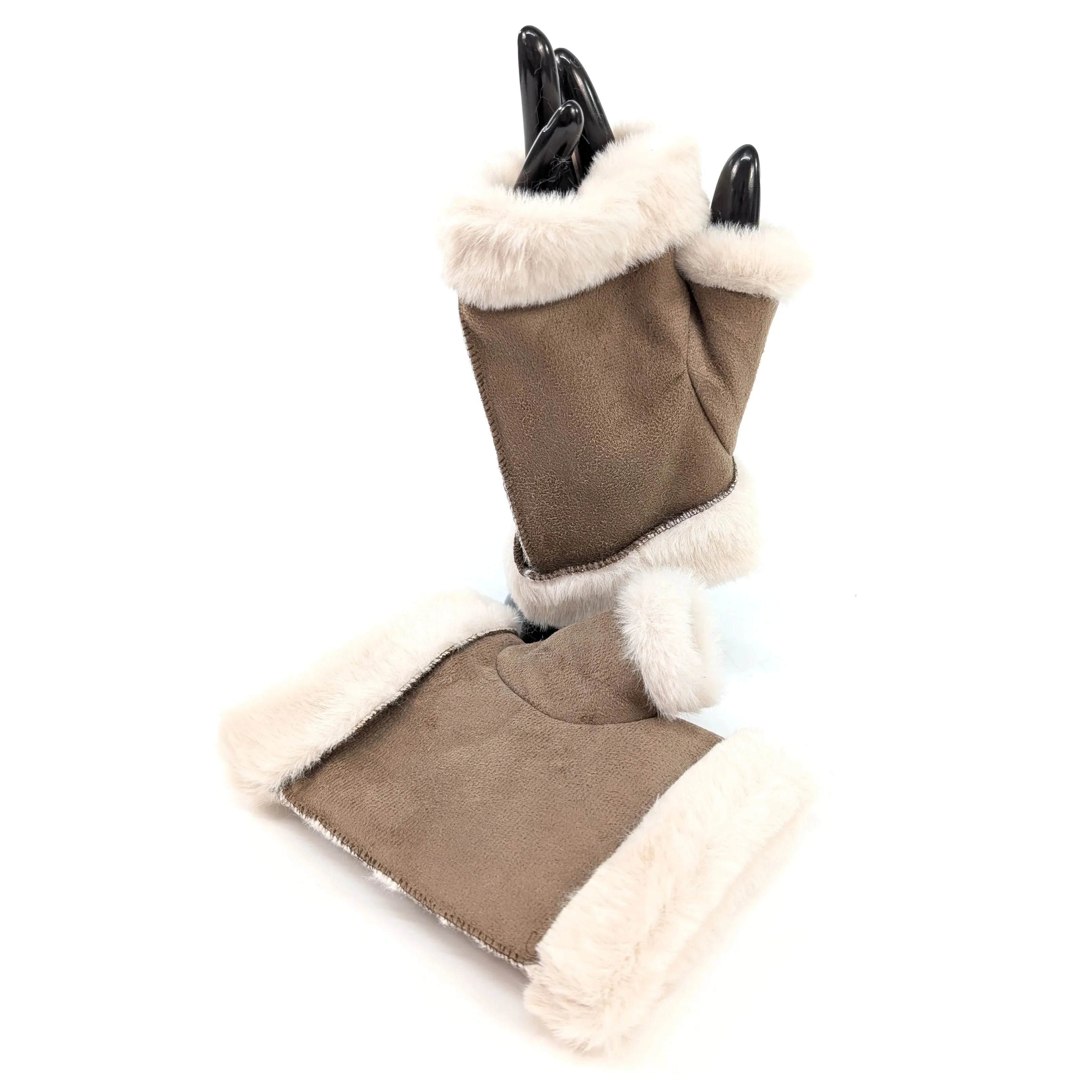 Black Ginger Camel Sheepskin Style Fingerless Gloves - 800-686