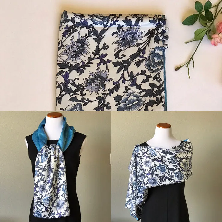 Blue white floral 100% Silk Satin smooth soft Long double fabric  Scarf with buttons