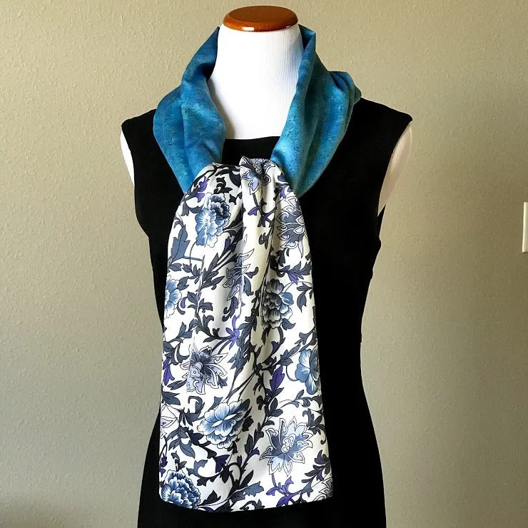 Blue white floral 100% Silk Satin smooth soft Long double fabric  Scarf with buttons