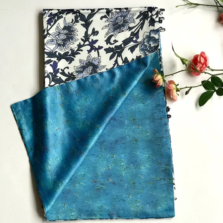 Blue white floral 100% Silk Satin smooth soft Long double fabric  Scarf with buttons