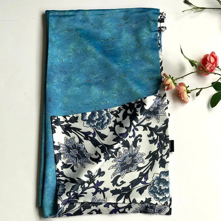 Blue white floral 100% Silk Satin smooth soft Long double fabric  Scarf with buttons