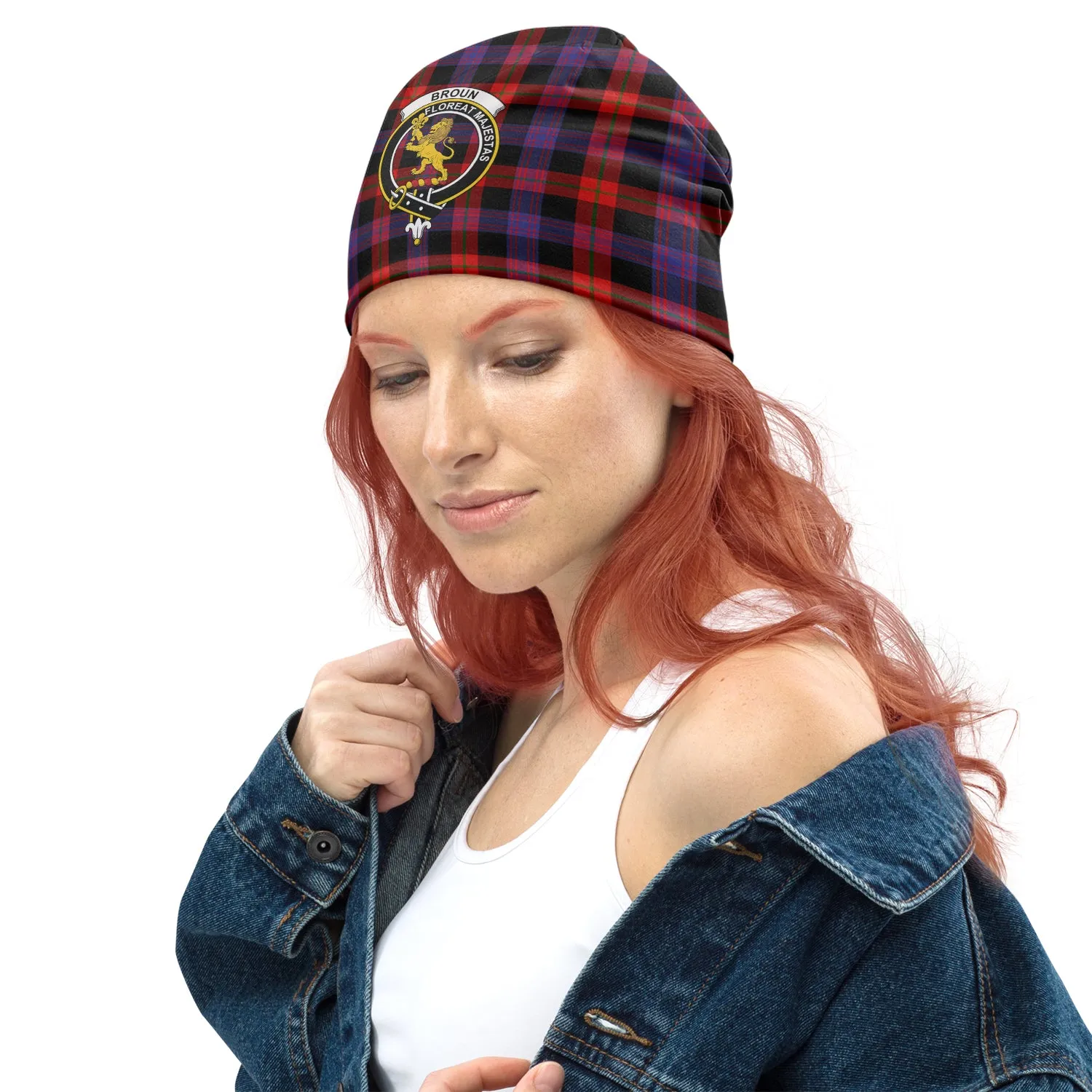 Broun Modern Tartan Beanies Hat with Family Crest