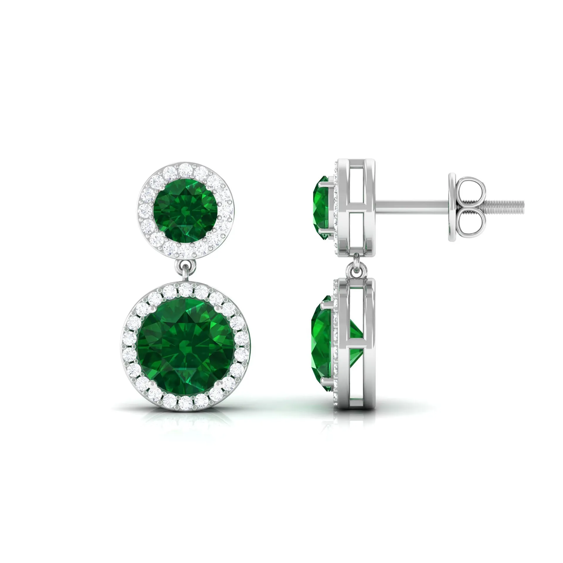 Certified Created Emerald and Diamond Halo Dangle Earrings