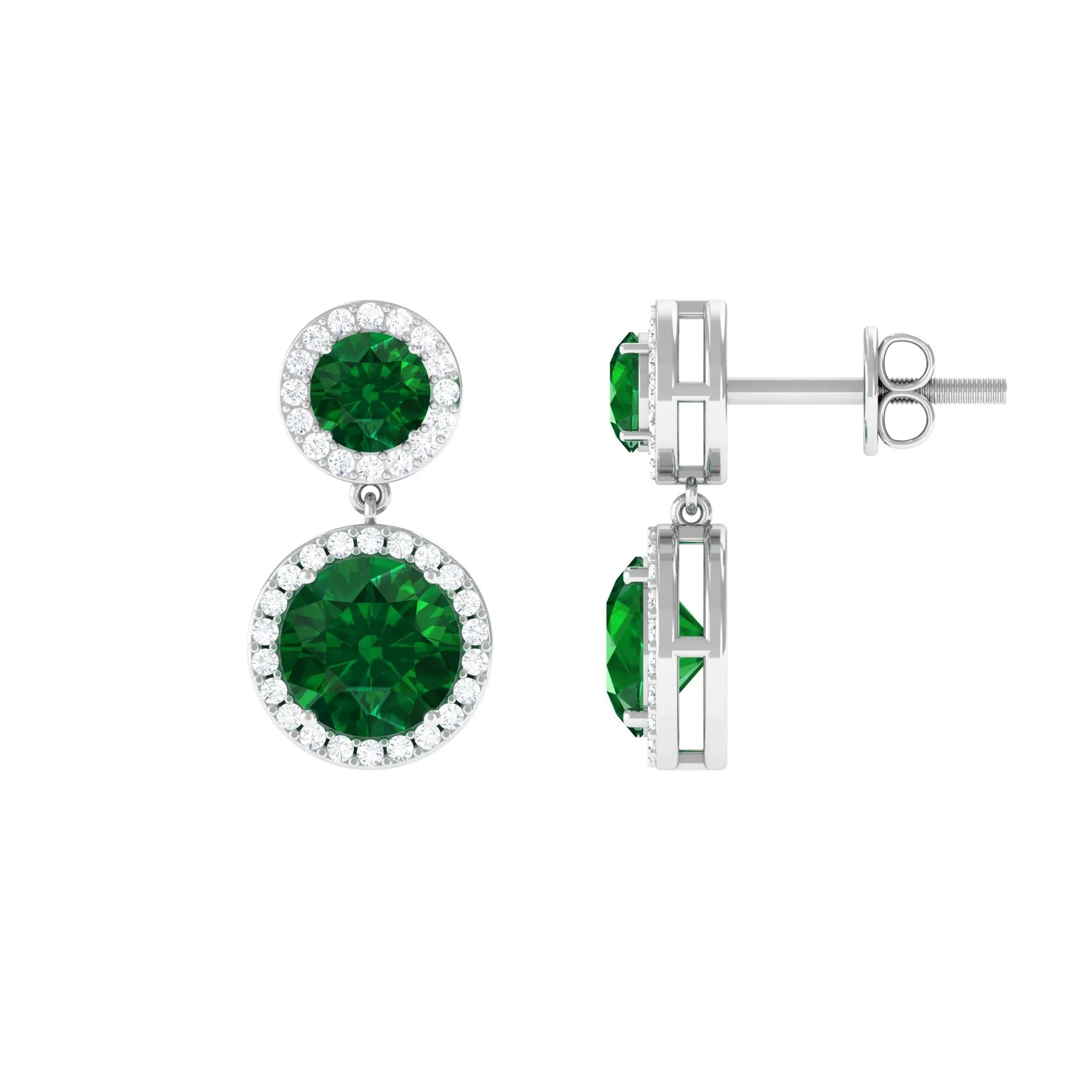 Certified Created Emerald and Diamond Halo Dangle Earrings