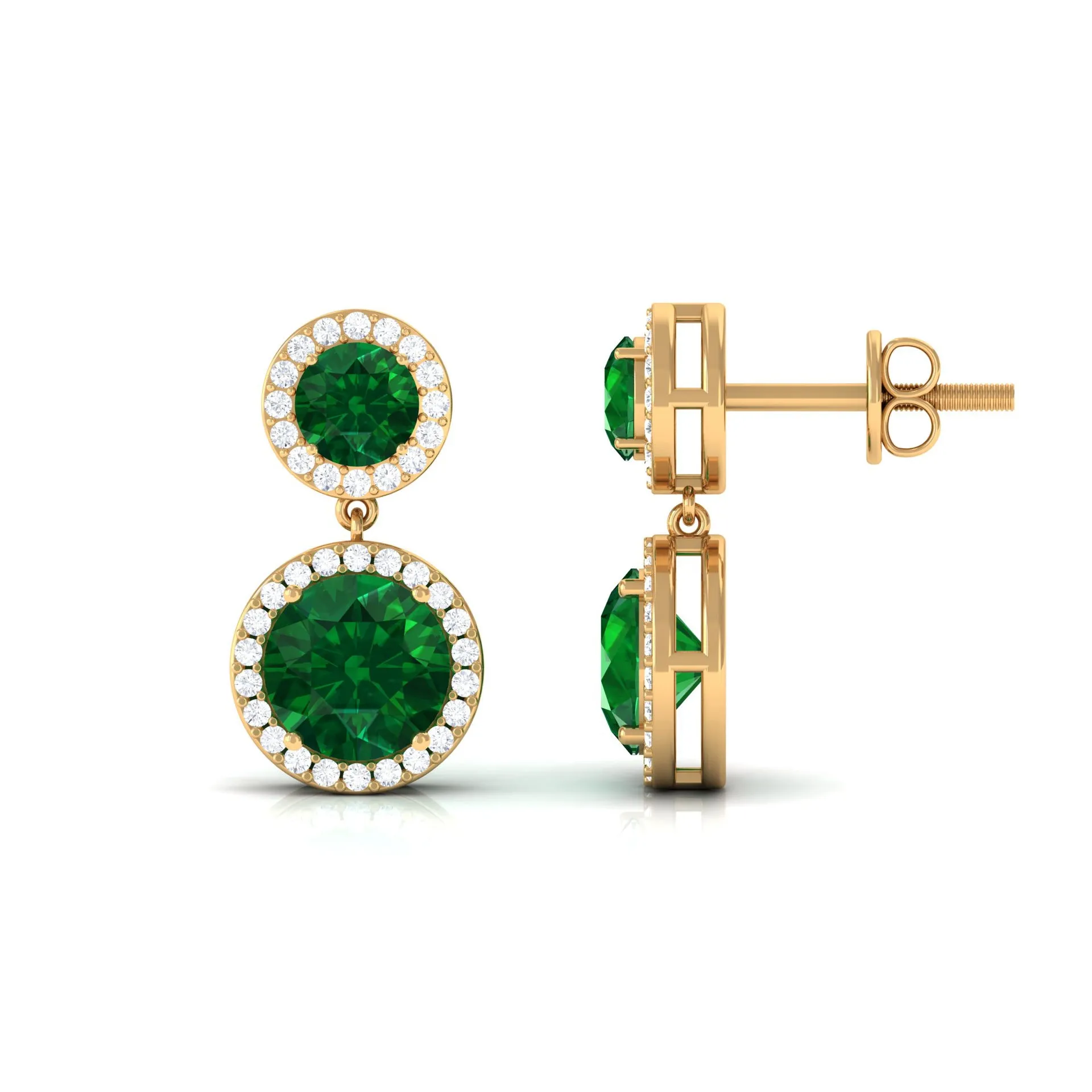 Certified Created Emerald and Diamond Halo Dangle Earrings