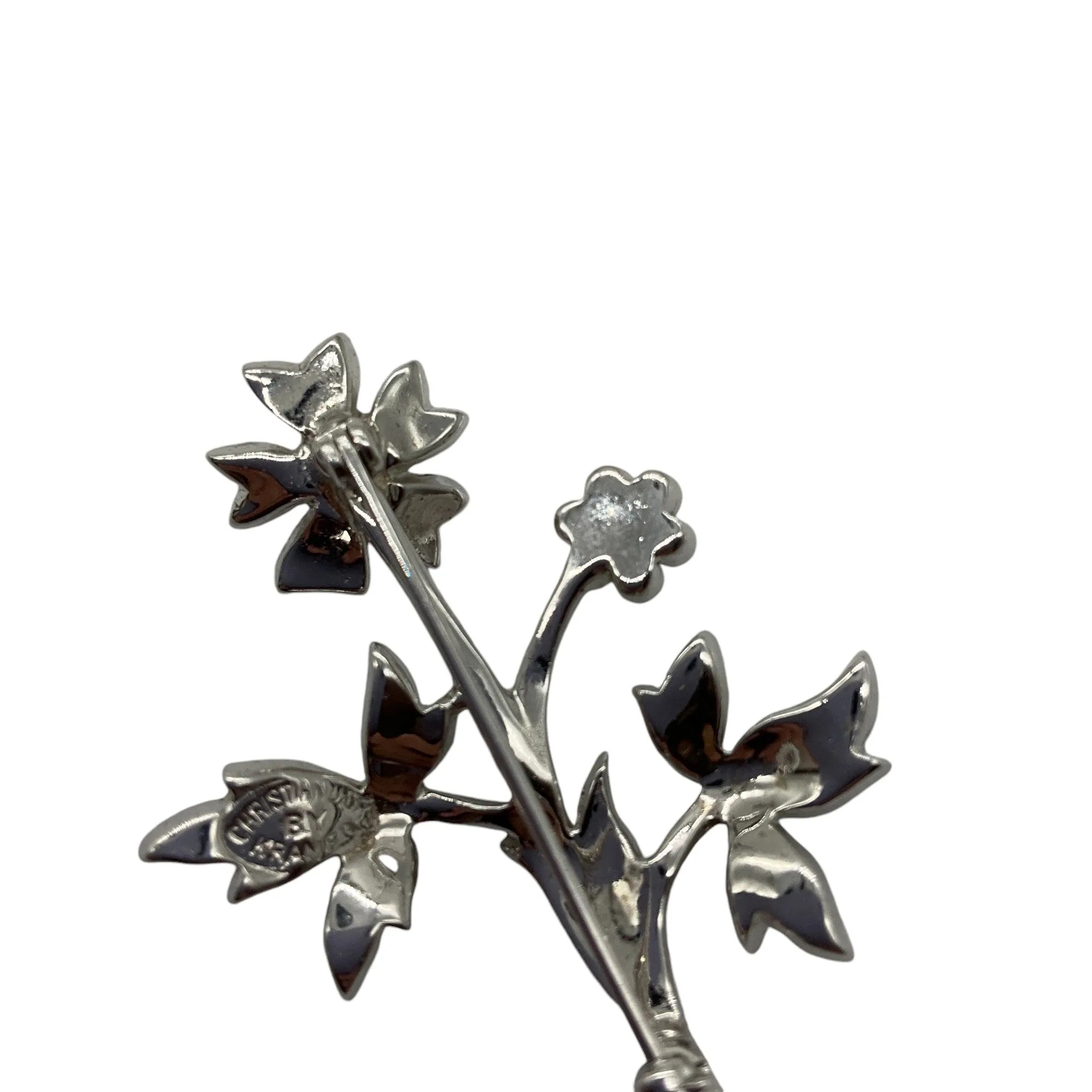 Christian Dior Crystal Embellished Floral Silver Brooch