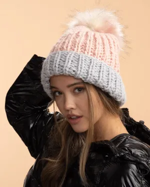 Chunky Pom Beanie | Pink/Grey