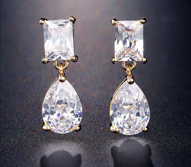 Classic Water Drop Crystal Zirconia Dangle Earrings Bridal Wedding Jewelry