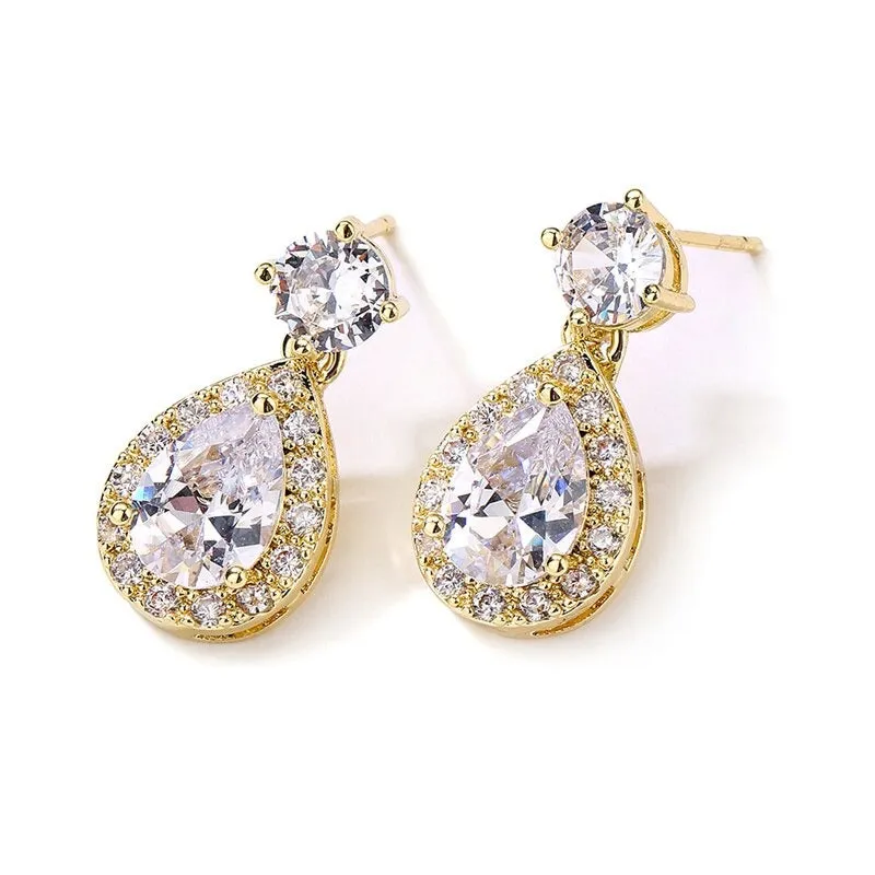 Classic Water Drop Crystal Zirconia Dangle Earrings Bridal Wedding Jewelry