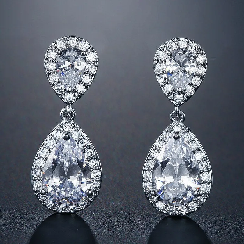 Classic Water Drop Crystal Zirconia Dangle Earrings Bridal Wedding Jewelry