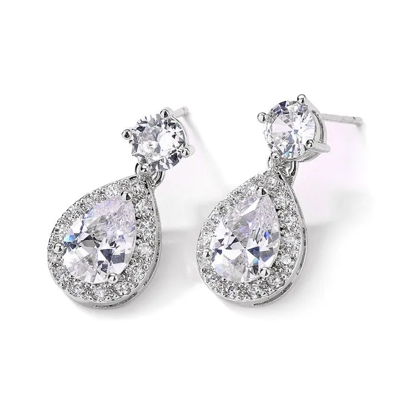 Classic Water Drop Crystal Zirconia Dangle Earrings Bridal Wedding Jewelry