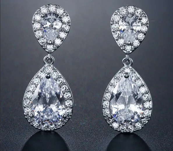 Classic Water Drop Crystal Zirconia Dangle Earrings Bridal Wedding Jewelry