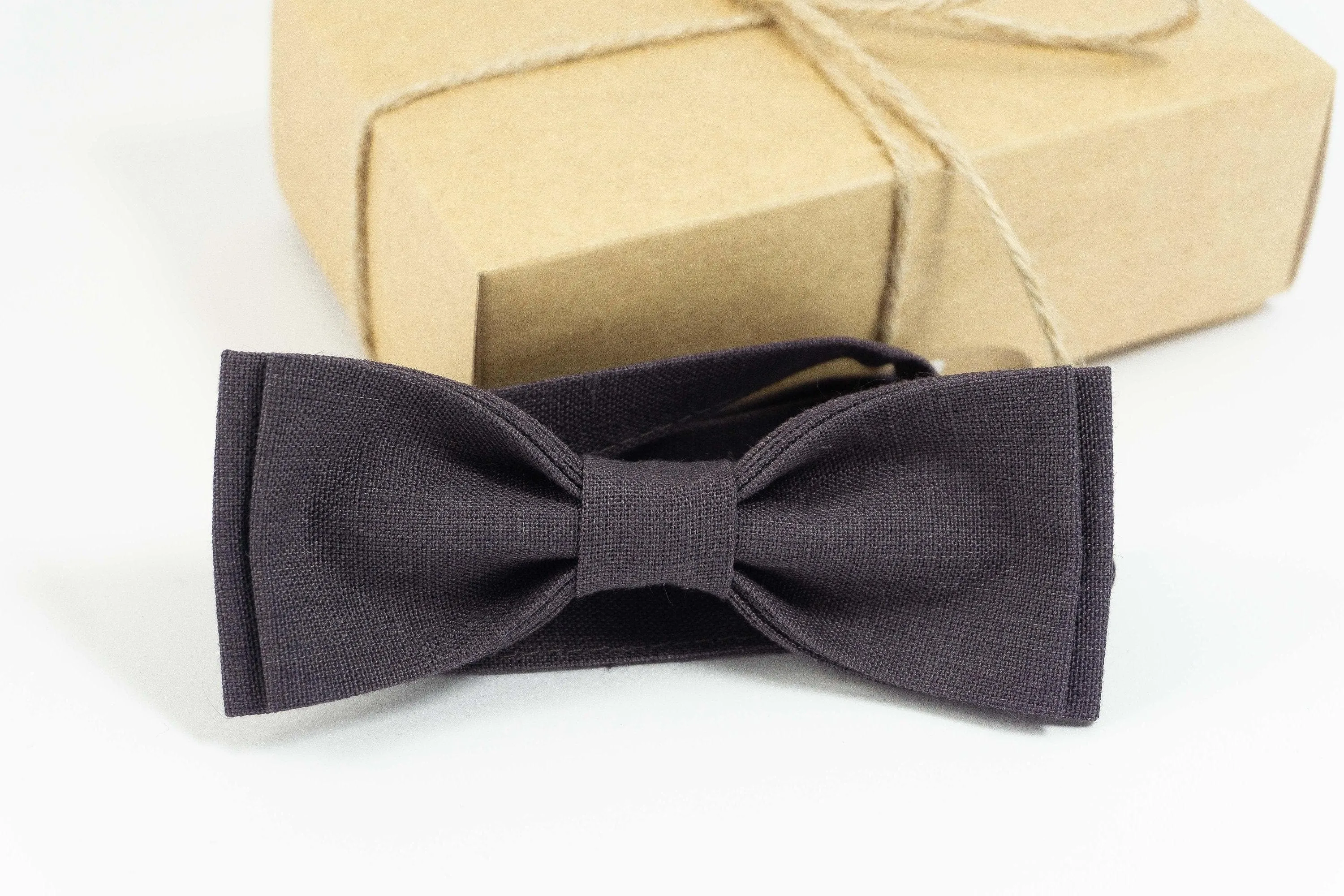 Dark brown linen bow tie for boys | Linen wedding bow tie for groomsmen