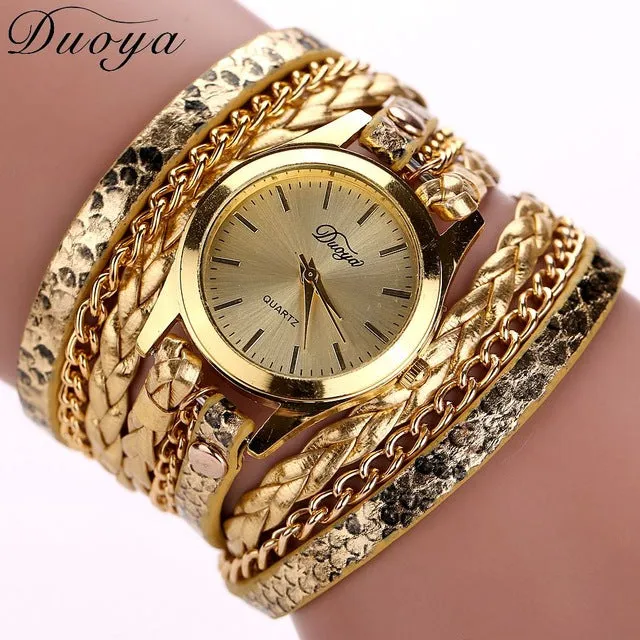 Duoya Brand Quartz Watches Women Gold Geneva Ladies Dress Gold Bracelet Wristwatch Woven Leopard Duoya Bracelet Luxury Watches