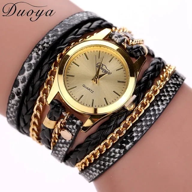 Duoya Brand Quartz Watches Women Gold Geneva Ladies Dress Gold Bracelet Wristwatch Woven Leopard Duoya Bracelet Luxury Watches