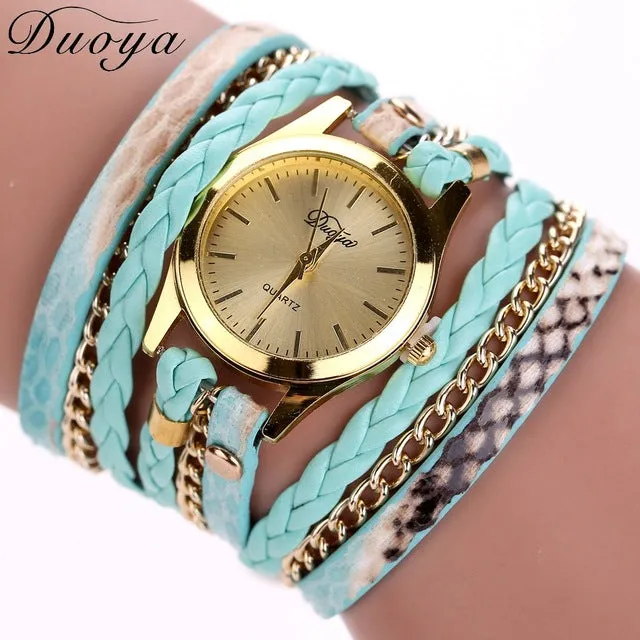 Duoya Brand Quartz Watches Women Gold Geneva Ladies Dress Gold Bracelet Wristwatch Woven Leopard Duoya Bracelet Luxury Watches