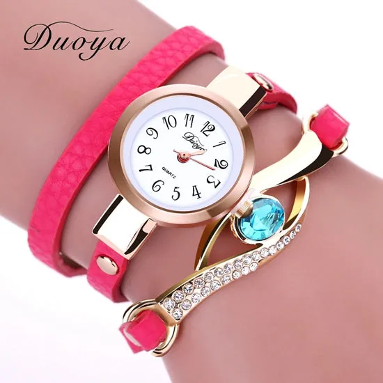 Duoya Brand Watch Women Luxury Gold Eye Gemstone Dress Watches Women Gold Bracelet Watch Female Leather Quartz Wristwatches