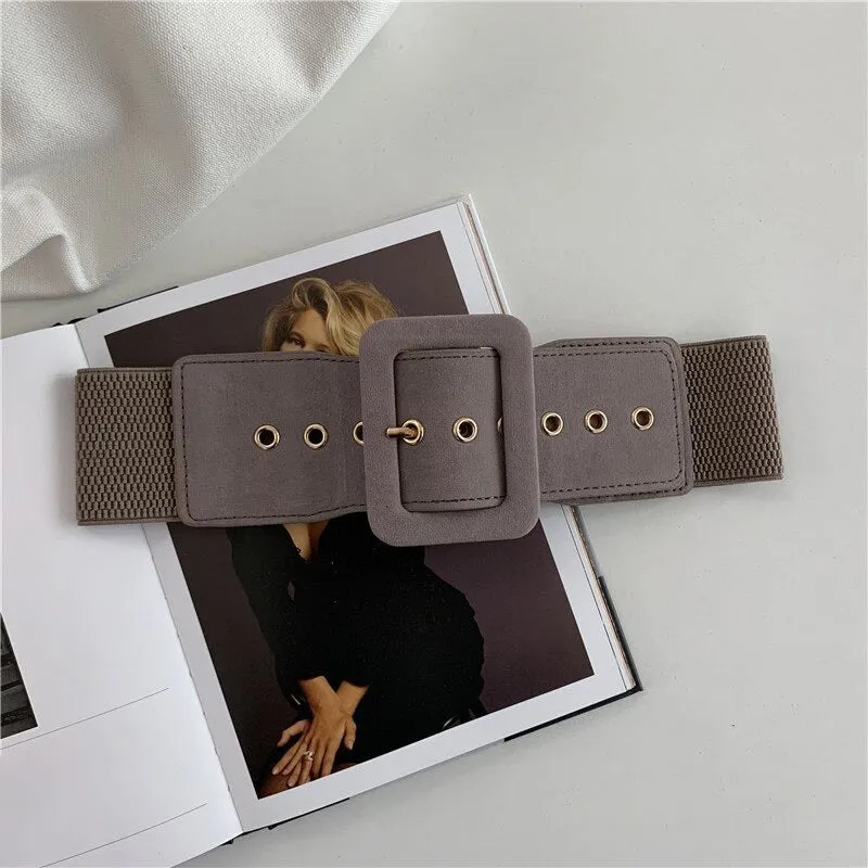 Elastic Wide Vegan Leather Waist Belts with Metal Buckle