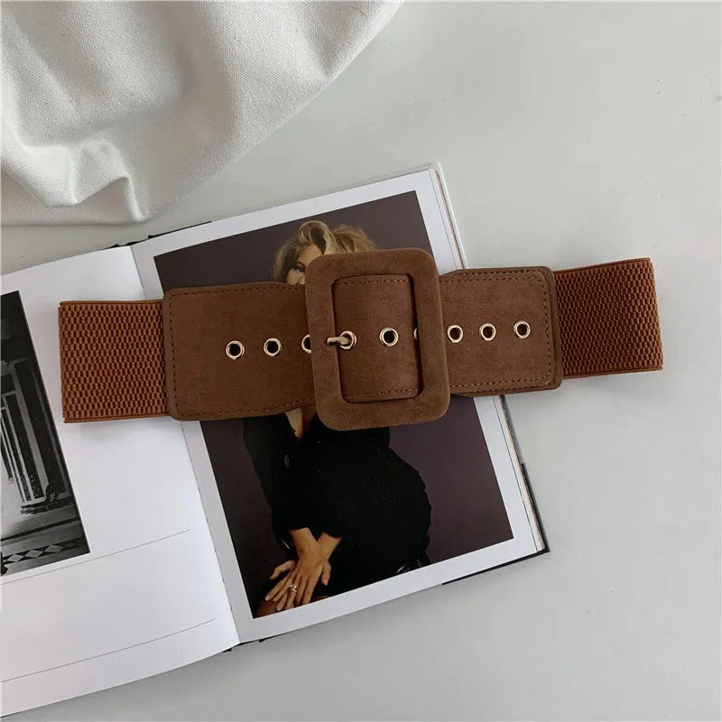 Elastic Wide Vegan Leather Waist Belts with Metal Buckle