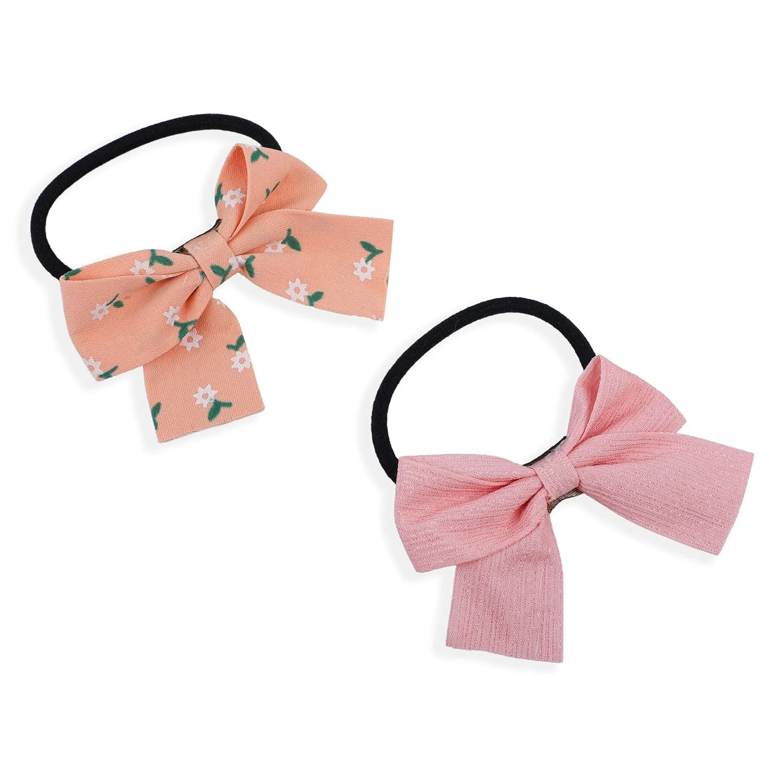 Floral And Solid Rubber Bands Hair Bows 2 Pcs - Peach, Pink