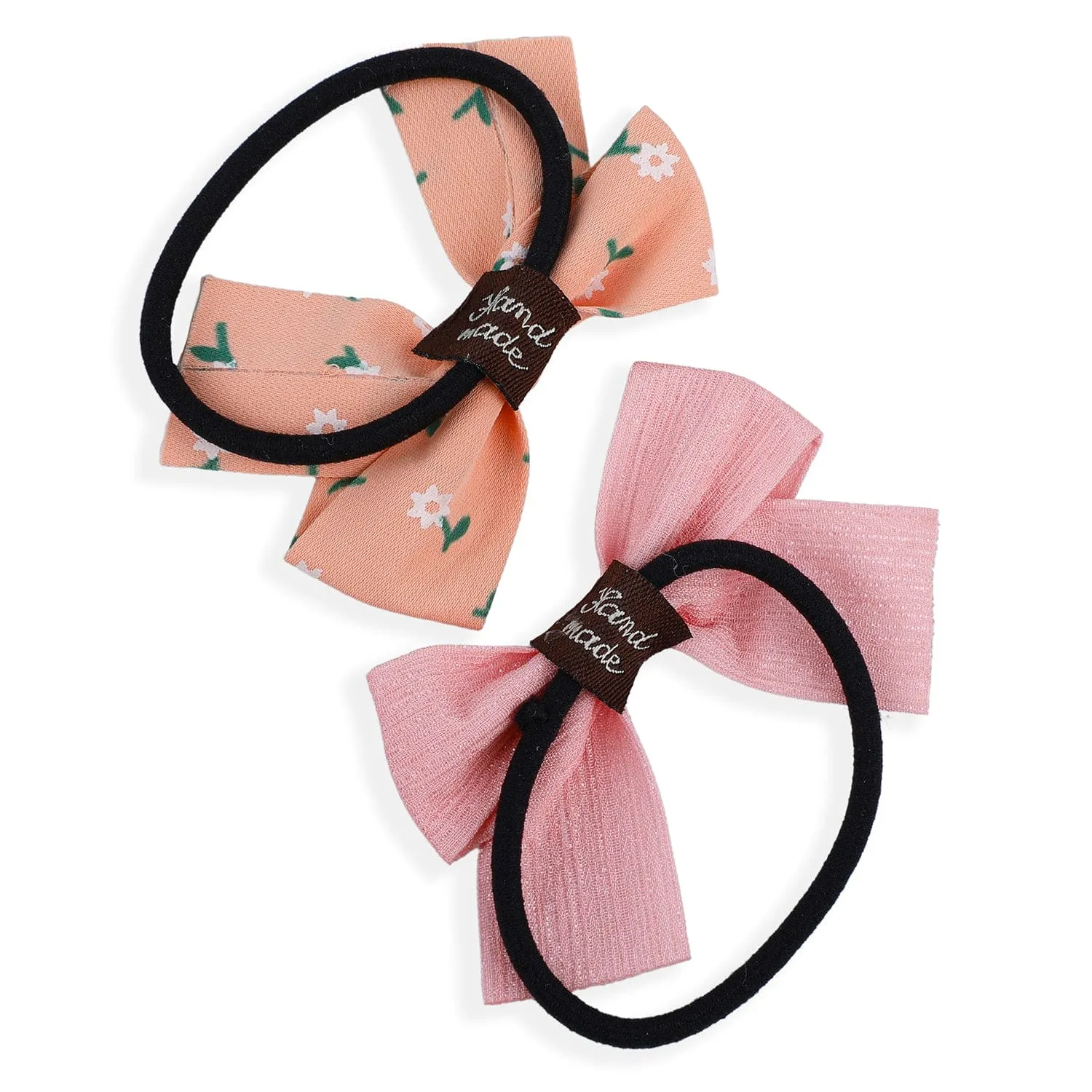 Floral And Solid Rubber Bands Hair Bows 2 Pcs - Peach, Pink