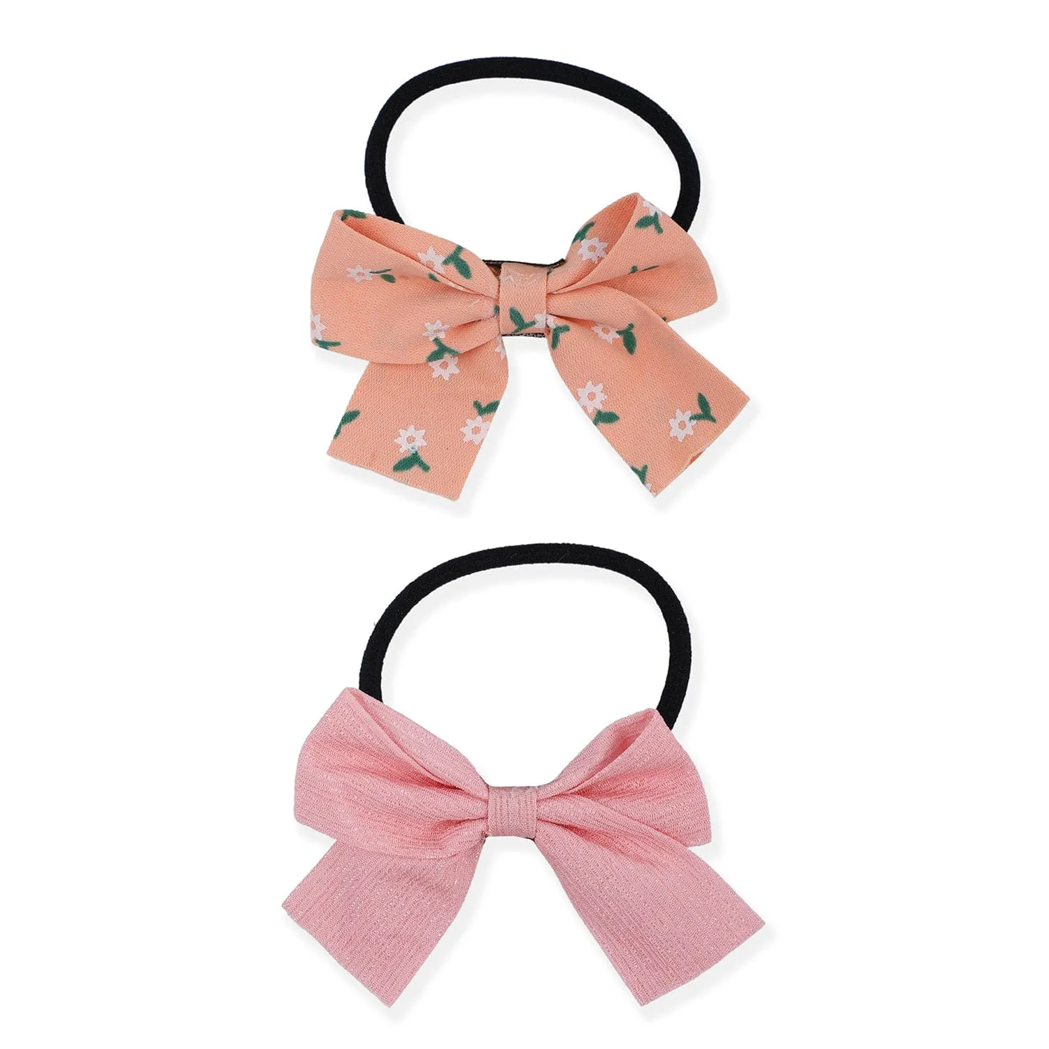 Floral And Solid Rubber Bands Hair Bows 2 Pcs - Peach, Pink