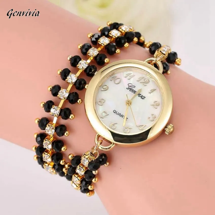 GENVIVIA Gold Rhinestone Bracelet  Wrist Watch