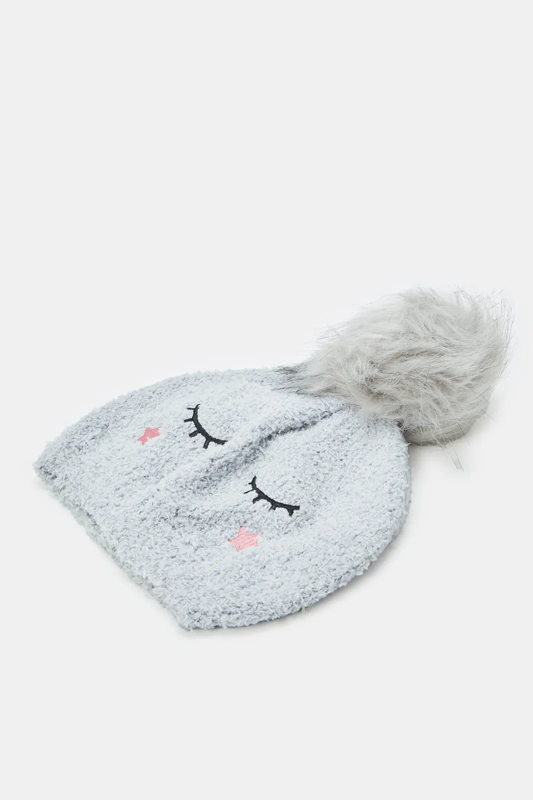 Girls Grey And White Embellished Knitted Cap Set (Pack of 2)