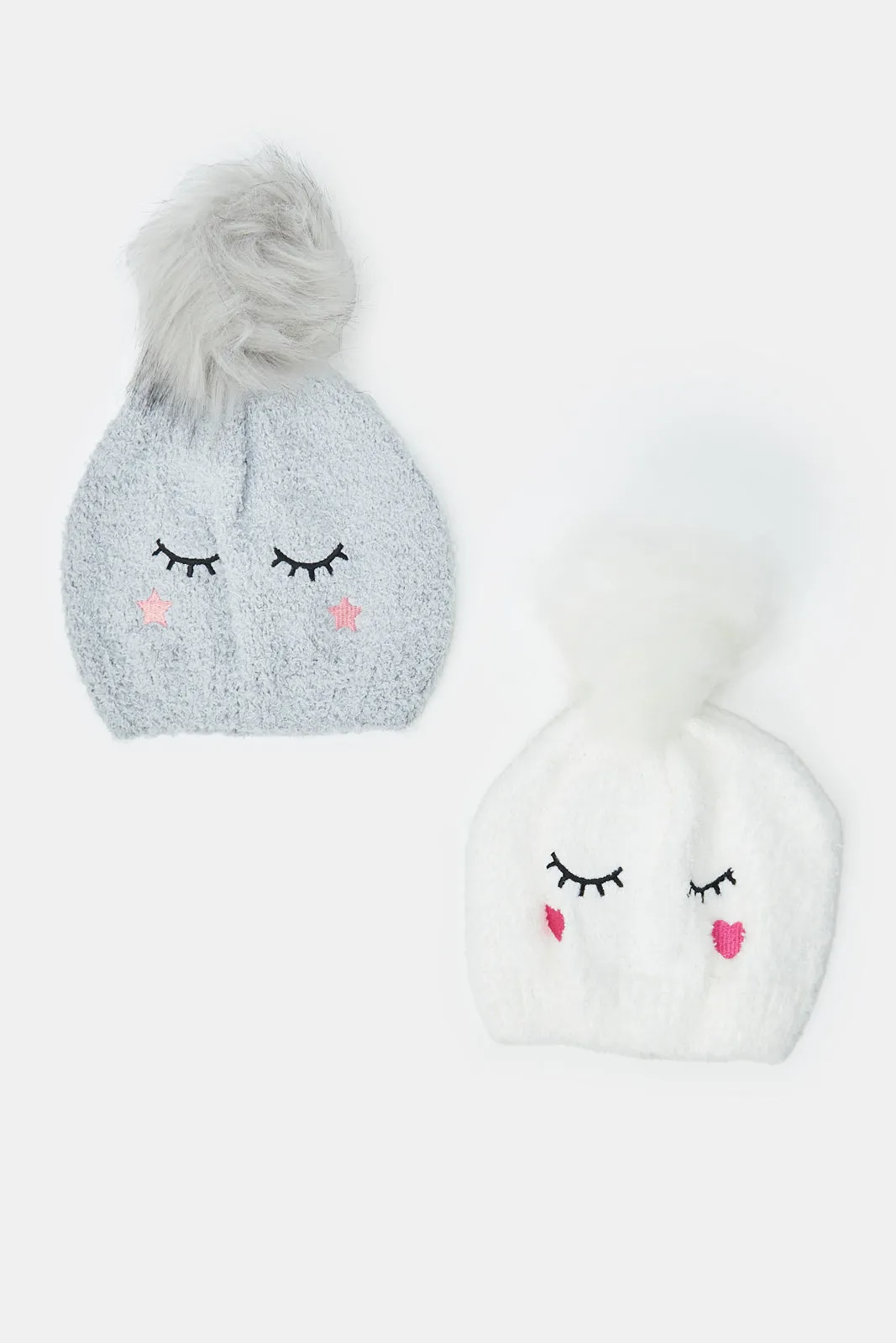 Girls Grey And White Embellished Knitted Cap Set (Pack of 2)