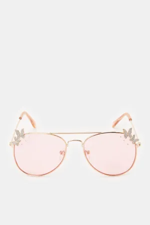 Girls Pink Aviator Embellished Sunglasses