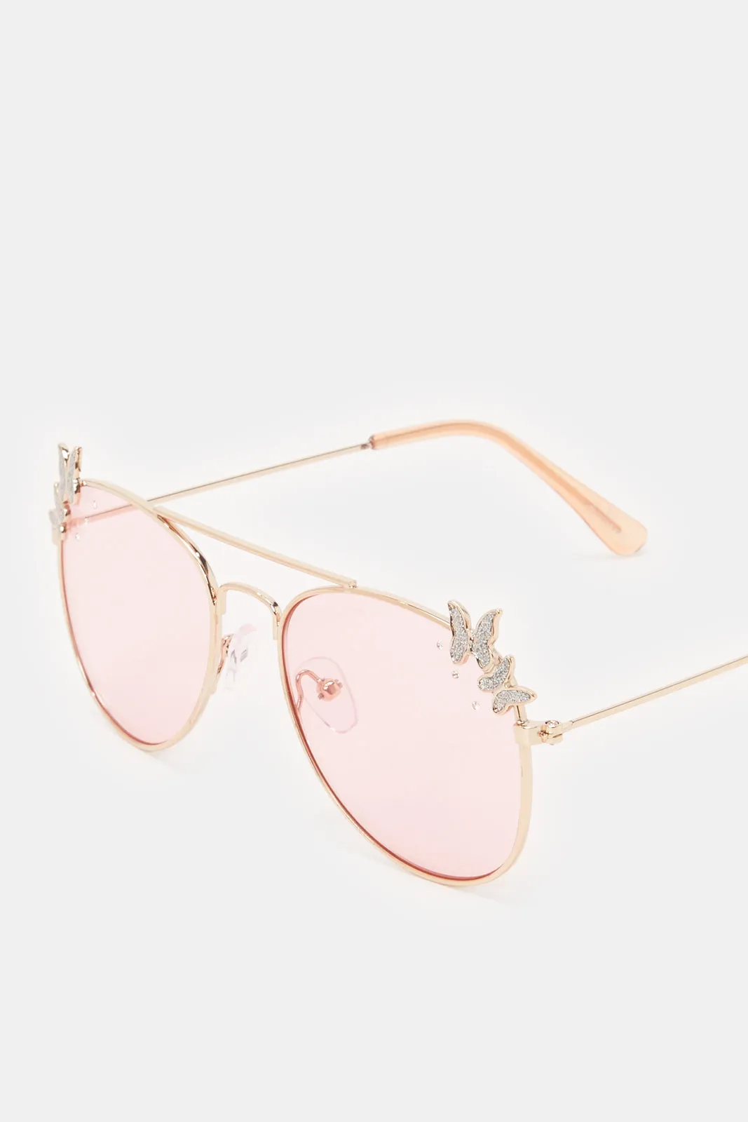 Girls Pink Aviator Embellished Sunglasses