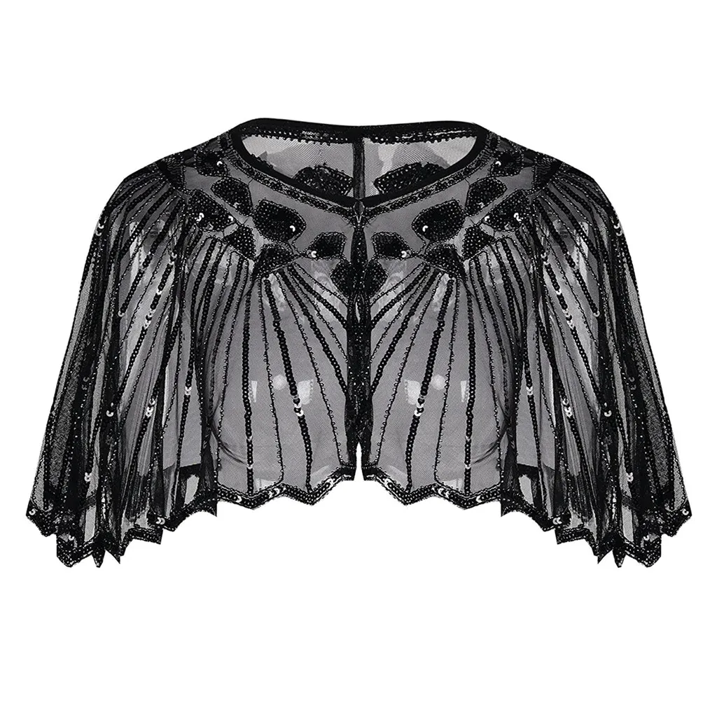 Great Gatsby 1920's Bridal Flapper Sequin Cape - Black