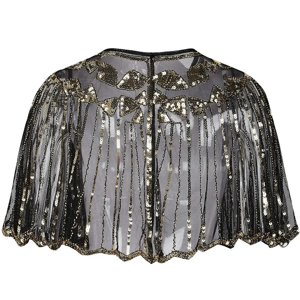 Great Gatsby 1920's Bridal Flapper Sequin Cape - Gold/Black