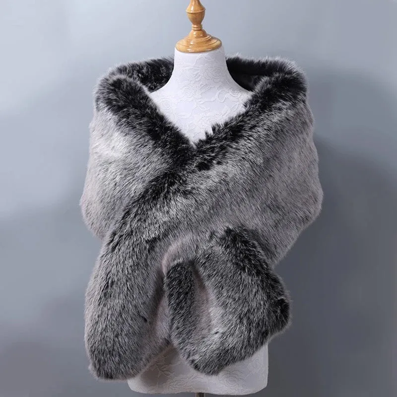 Great Gatsby 1920's Bridal Wedding Faux Fur Shawl Wrap - Black/Grey